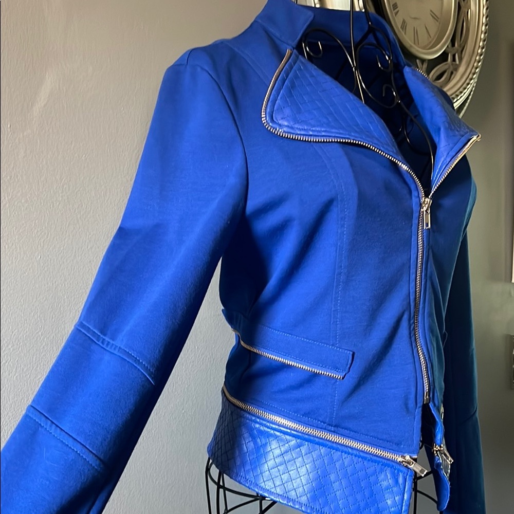 Cute Vintage Biker Retro Bold Blue Blazer with High Collar Slim Fit Faux Leather - Picture 3 of 16
